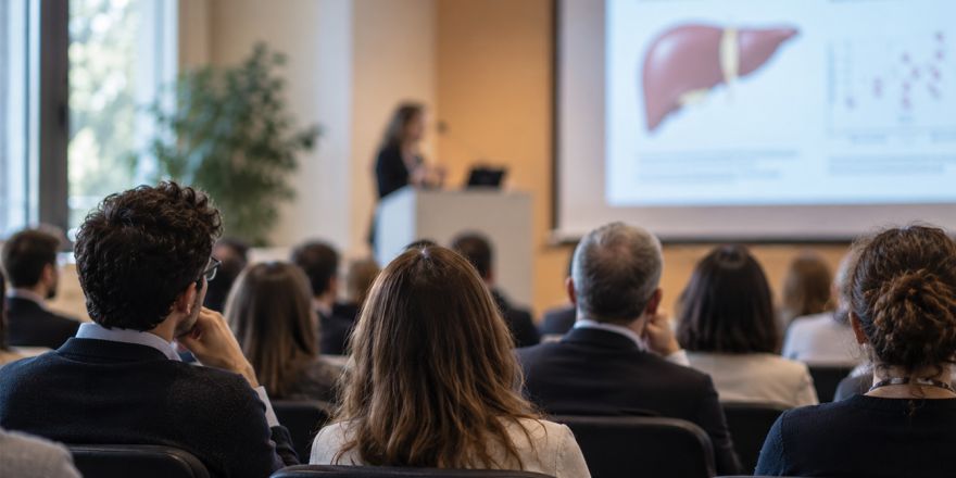 Conferenza scientifica sui disturbi alcol-correlati con professionista che presenta una slide dedicata al fegato.