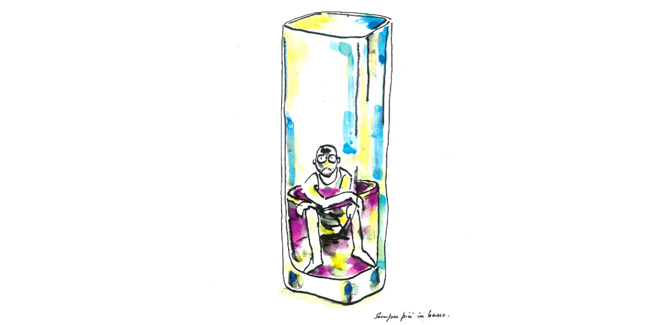 disegno di un uomo seduto dentro un bicchiere immerso nell'alcol