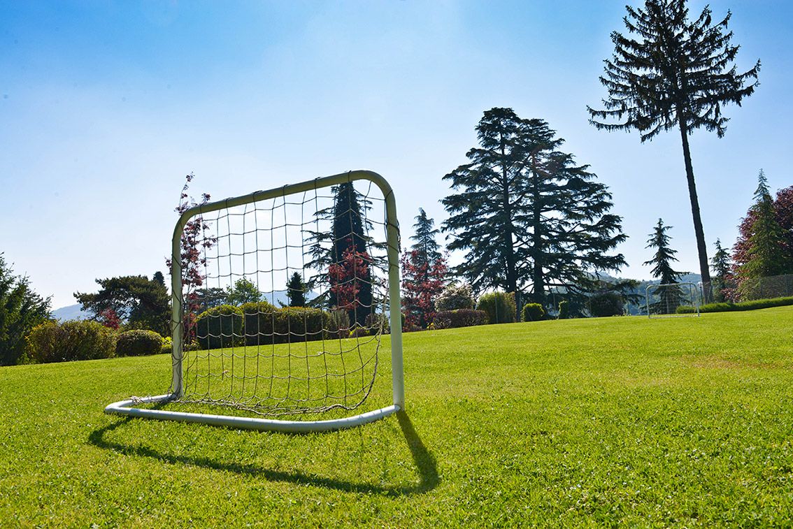 porta da calcio con rete su prato in una giornata di sole